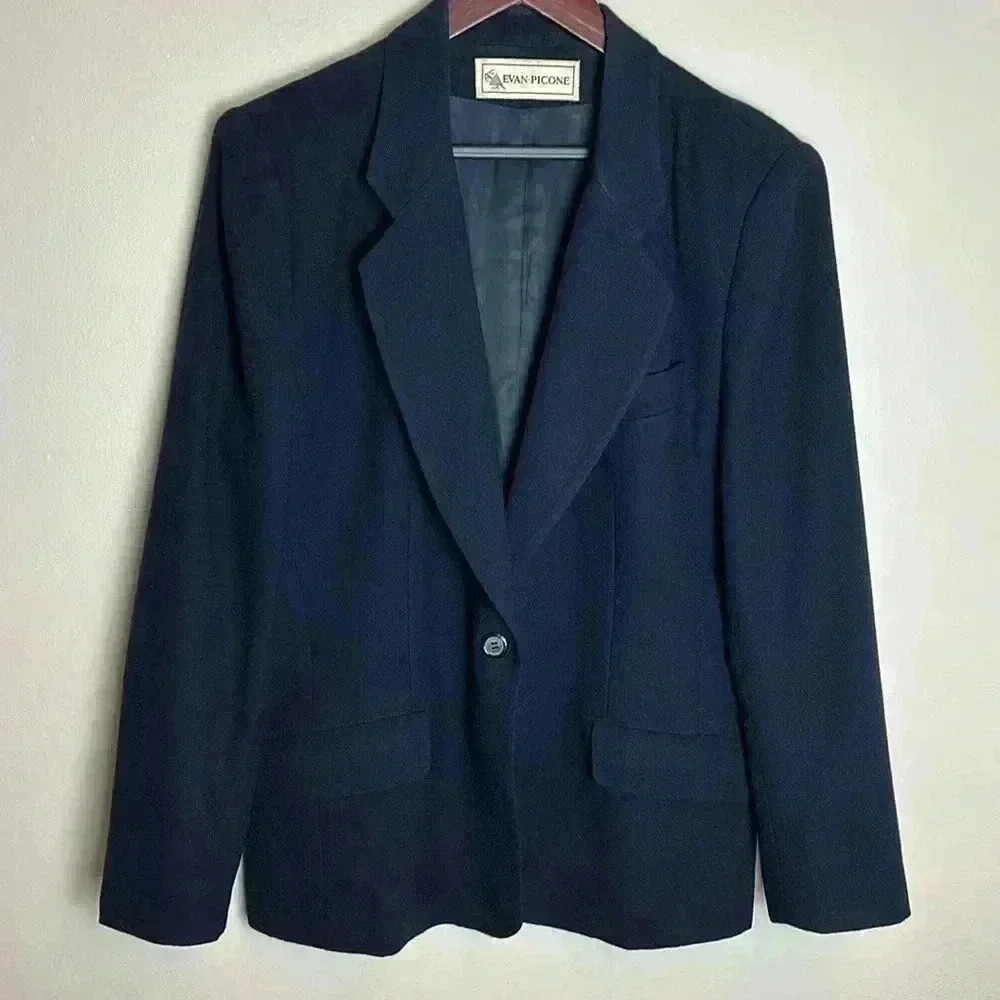 Vintage Women’s Blazer Evan Picone Navy 100% Worsted Wool Size 14